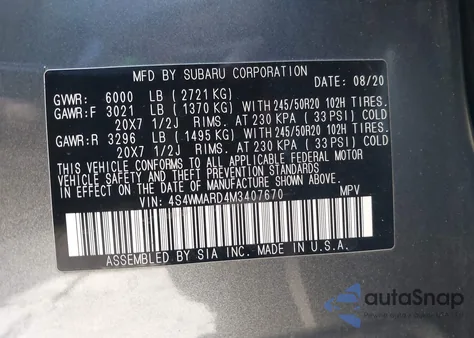 2021 Subaru Ascent Touring z USA, uszkodzony, nr VIN 4S4WMARD4M3407670